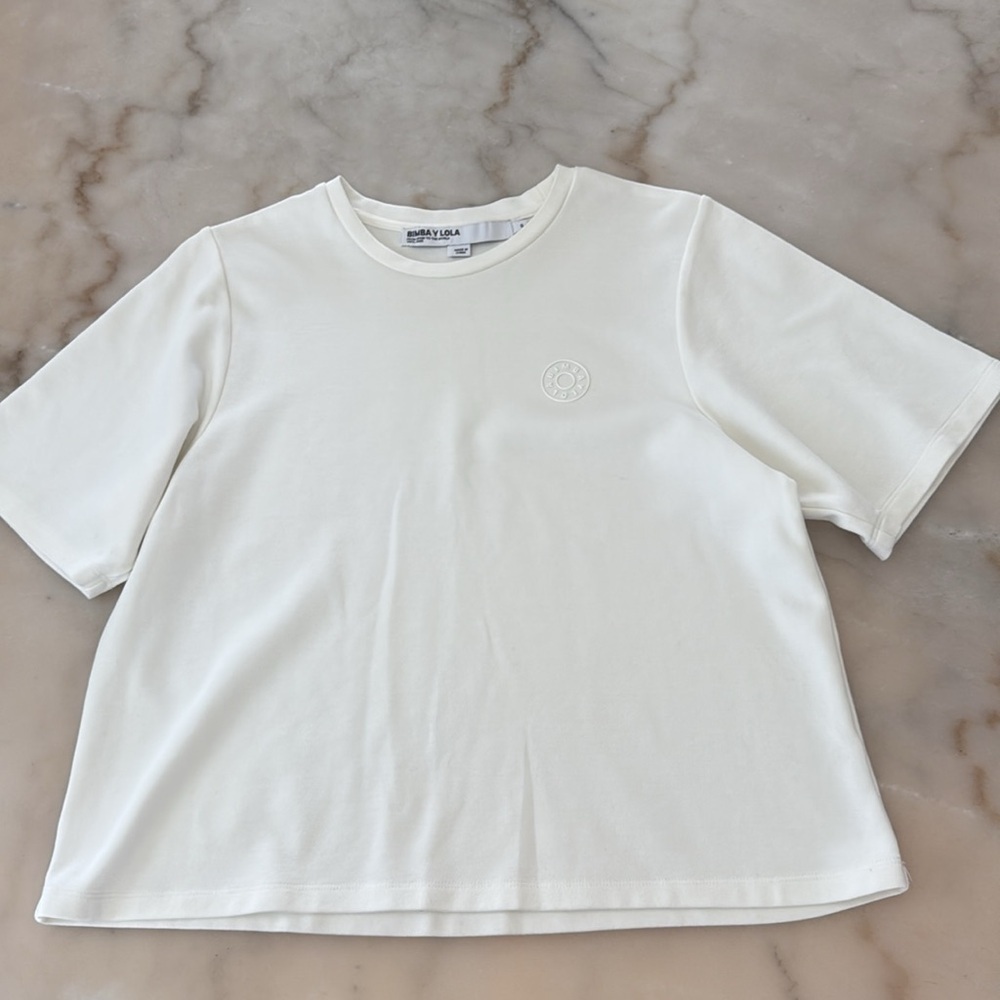 BIMBA Y LOLA Ivory Cream Short Sleeve T-Shirt Silicone Logo - Picture 9 of 10